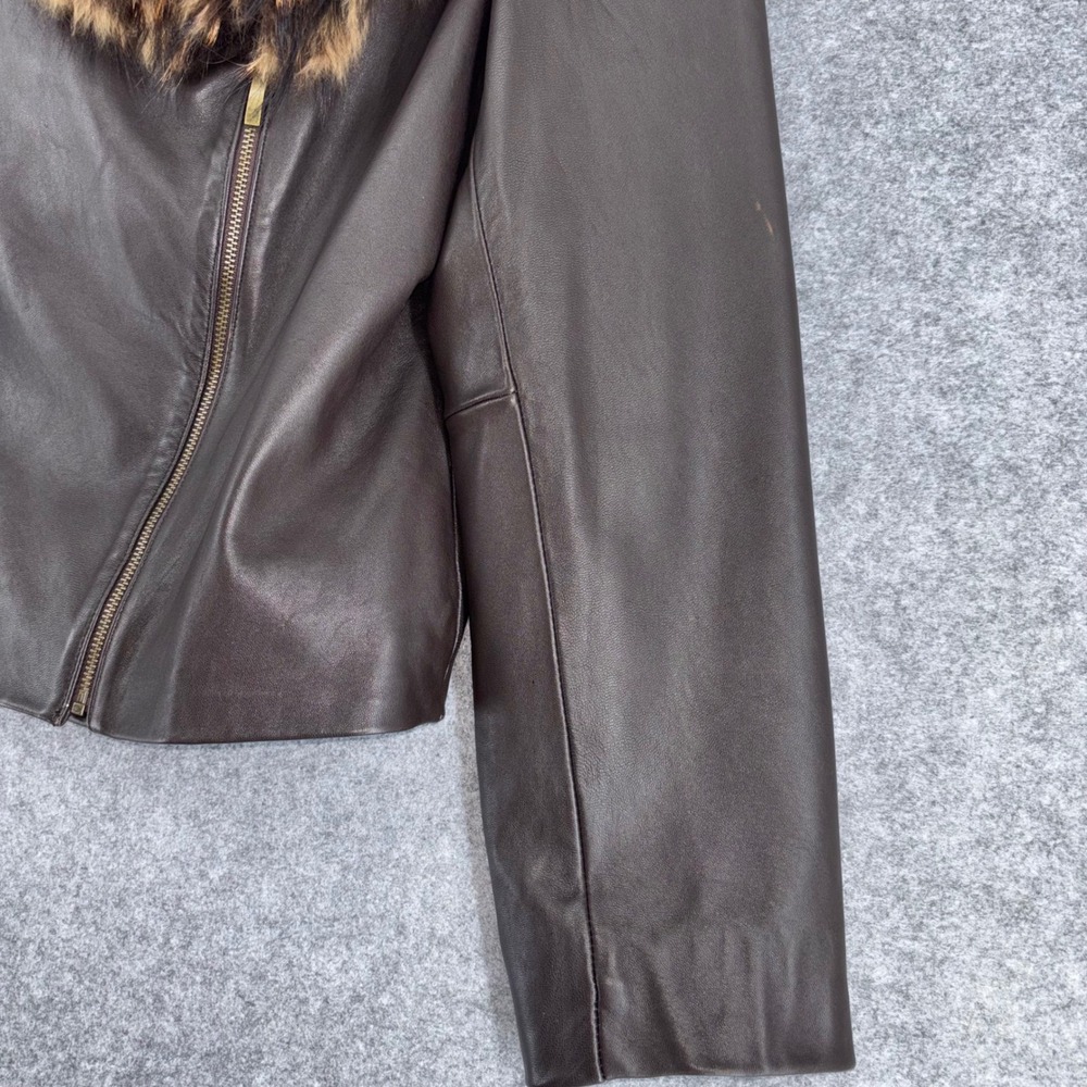 Preston & York Brown Lambskin Leather Jacket Genuine Raccoon Fur Collar Medium - Picture 10 of 11